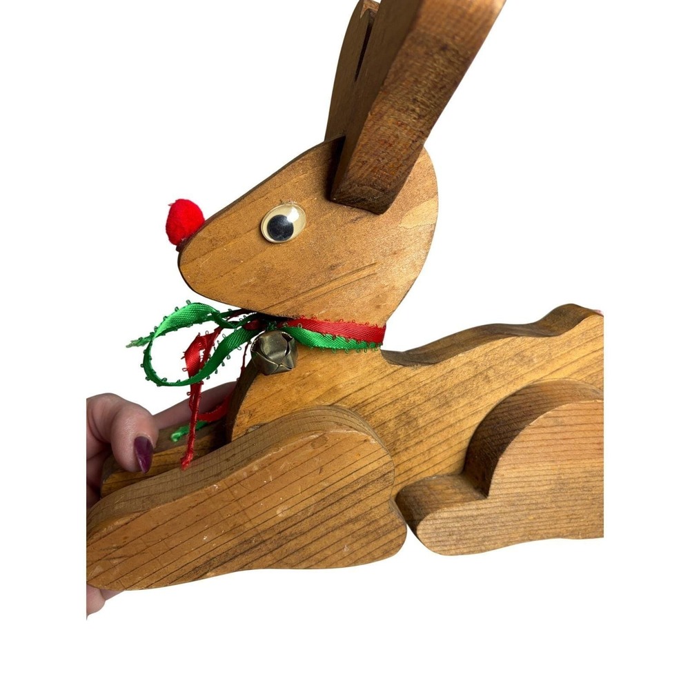 Vintage Handmade Wooden Reindeer Christmas Decor Folk Art Jingle Bell AS IS